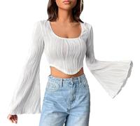 Women's Crewneck T Shirts Bell Sleeve Solid Colour Summer Casual Crop Tops Ladies Loose Fit Tunics Elegant Blouse F-143