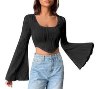 Women's Crewneck T Shirts Bell Sleeve Solid Colour Summer Casual Crop Tops Ladies Loose Fit Tunics Elegant Blouse F-143