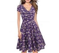 Women's Criss-Cross Necklines V-Neck Cap Sleeve Floral Casual Work Stretch Swing Summer Dress Party Dress Purple Floral(XXL)