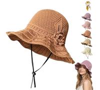 Women's Crochet Bucket Hat with Flower Accent,Foldable Wide Brim Breathable Sun Hat,Lightweight Elegant Woven Straw Hats (Coffee)