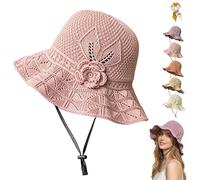 Women's Crochet Bucket Hat with Flower Accent,Foldable Wide Brim Breathable Sun Hat,Lightweight Elegant Woven Straw Hats (Pink)