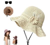 Women's Crochet Bucket Hat with Flower Accent,Portable Foldable Wide Brim Sun Beach Hat,Lightweight Adjustable Woven Cap (Pink)