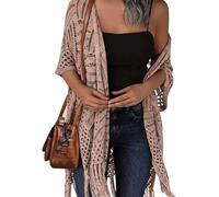 Women's Crochet Knit Cardigan Open Front, Lightweight Cover Up (Khaki,M)