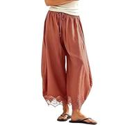 Womens Cropped Lace Hem Pants Lightweight Casual Drawstring Waist Summer Wide Leg Pants Beach Trousers with Pockets(Pink,XL)