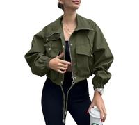 Womens Cropped Utility Jacket Zip Front Windbreaker with Drawstring Hem (Army Green,M)