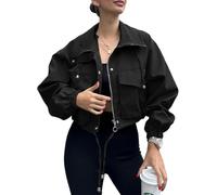 Womens Cropped Utility Jacket Zip Front Windbreaker with Drawstring Hem (Black,M)
