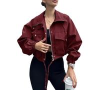 Womens Cropped Utility Jacket Zip Front Windbreaker with Drawstring Hem (Burgundy,TTG)