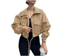 Womens Cropped Utility Jacket Zip Front Windbreaker with Drawstring Hem (Khaki,M)