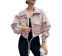 Womens Cropped Utility Jacket Zip Front Windbreaker with Drawstring Hem (Pink,S)