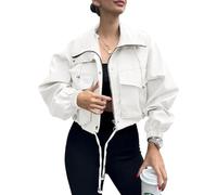 Womens Cropped Utility Jacket Zip Front Windbreaker with Drawstring Hem (White,TG)