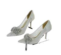 Women's Crystal Embellished Pointed Toe Stiletto Bridal Pumps with Shimmer Lace Upper for Wedding Evening and Party Dress Shoes(Beige,39)