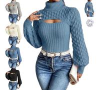 Women's Cutout Chunky Turtleneck Sweater,Openwork Puff Sleeve Knit Top | Casual Long Sleeve Knit Cut Out Pullovers,Sexy Fitted Ribbed Turtle Neck Tops,for Fall Winter Weekend Dinner Outfit