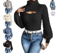 Women's Cutout Chunky Turtleneck Sweater,Openwork Puff Sleeve Knit Top | Casual Long Sleeve Knit Cut Out Pullovers,Sexy Fitted Ribbed Turtle Neck Tops,for Fall Winter Weekend Dinner Outfit