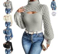 Women's Cutout Chunky Turtleneck Sweater,Openwork Puff Sleeve Knit Top | Casual Long Sleeve Knit Cut Out Pullovers,Sexy Fitted Ribbed Turtle Neck Tops,for Fall Winter Weekend Dinner Outfit