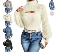 Women's Cutout Chunky Turtleneck Sweater,Openwork Puff Sleeve Knit Top | Casual Long Sleeve Knit Cut Out Pullovers,Sexy Fitted Ribbed Turtle Neck Tops,for Fall Winter Weekend Dinner Outfit