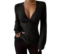 Womens Date Night Top Deep V Neck Long Sleeve Twist Front Knit Sweater (Black,TG)