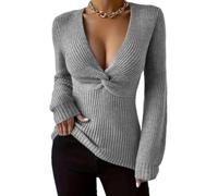 Womens Date Night Top Deep V Neck Long Sleeve Twist Front Knit Sweater (Gray,Grand)