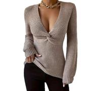 Womens Date Night Top Deep V Neck Long Sleeve Twist Front Knit Sweater (Khaki,M)