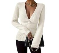 Womens Date Night Top Deep V Neck Long Sleeve Twist Front Knit Sweater (White,Grand)