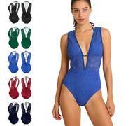 Women's Deep V-Neck Swim Bodysuit,Mesh Fabric One-Piece Bikini Swimsuit with Adjustable Halter & Back Tie,Flattering Swimwear (FR/ES, Alpha/Lettres, TG, Taille Normale, Taille Normale, Blue)