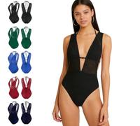 Women's Deep V-Neck Swim Bodysuit,Mesh Fabric One-Piece Bikini Swimsuit with Adjustable Halter & Back Tie,Flattering Swimwear (FR/ES, Alpha/Lettres, TG, Taille Normale, Taille Normale, Black)