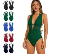 Women's Deep V-Neck Swim Bodysuit,Mesh Fabric One-Piece Bikini Swimsuit with Adjustable Halter & Back Tie,Flattering Swimwear (FR/ES, Alpha/Lettres, TG, Taille Normale, Taille Normale, Green)