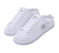 Women's Denim Mule Sneakers Slip-on Canvas Mules Comfortable Sole Round Toe Lace-Up Trainers Breathable Flat Clogs Backless Shoes for Causal Business Walking (White,37)