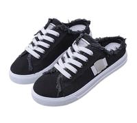 Women's Denim Mule Sneakers Slip-on Canvas Mules Comfortable Sole Round Toe Lace-Up Trainers Breathable Flat Clogs Backless Shoes for Causal Business Walking (Black,39)
