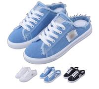 Women's Denim Mule Sneakers Slip-on Canvas Mules Comfortable Sole Round Toe Lace-Up Trainers Breathable Flat Clogs Backless Shoes for Causal Business Walking (Blue,37)