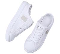 Women's Denim Mule Sneakers, Slip-on Canvas Mules Comfortable Sole Round Toe Lace-Up Trainers Casual Backless Shoes (White,43)