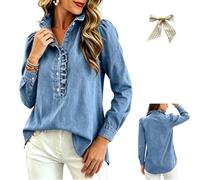 Womens Denim Shirt,Women Long Sleeve Button Down Collared Ruffle Jean Top