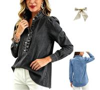 Womens Denim Shirt,Women Long Sleeve Button Down Collared Ruffle Jean Top