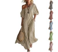 Women's Elegant and Classic Striped Off-Shoulder Maxi Dress,Summer Flutter Short Sleeve One Shoulder Loose Flowy Long Dress