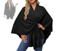 Women'S Elegant Shawl Wraps Soft Open Front Poncho Sweater, One-Piece Solid Color Soft Cape Coat Cloak Top for Travel & Office (Black)