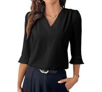 Women's Elegant V Neck 3/4 Sleeve Blouse Summer Business Casual Work Top with Flared Cuff Detail Black Shirt for Office Lady Professional Wear
