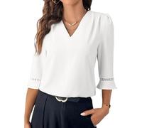 Women's Elegant V Neck 3/4 Sleeve Blouse Summer Business Casual Work Top with Flared Cuff Detail Black Shirt for Office Lady Professional Wear