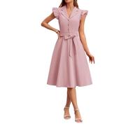Women's Elegant V-Neck Lapel Collar Dress with Ruffle Flutter Sleeves and Tie Waist A-Line Midi Skirt for Office Business Casual Summer Party