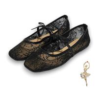 Women's Embroidery Lace Mesh Ballet Flats, Ballet Flats for Women with Strap, Pink Elegant Comfortable Party(Noir,EU39)