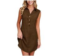 Women's Fashion Casual Plain Collared Button-up Split-Back T-Shirt Dress Café M