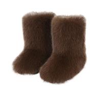 Women's Faux Fox Fur Snow Boots Plush Lined Mid Cuff Winter Ankle Booties Non-Slip Slip On Fashion Shoes For Cold Weather(Brown,43 EU)