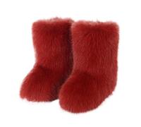 Women's Faux Fox Fur Snow Boots Plush Lined Mid Cuff Winter Ankle Booties Non-Slip Slip On Fashion Shoes For Cold Weather(Red3,40 EU)