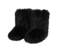 Women's Faux Fox Fur Snow Boots Plush Lined Mid Cuff Winter Ankle Booties Non-Slip Slip On Fashion Shoes For Cold Weather(Black,41 EU)