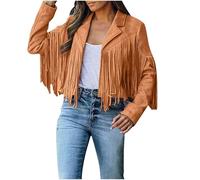 Women's Faux Suede Fringe Jacket, Classic Tassel Trimmed Short Length Leather Look Coat for Autumn and Winter
