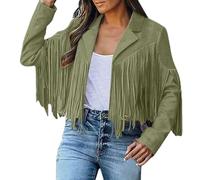 Women's Faux Suede Fringe Jacket, Classic Tassel Trimmed Short Length Leather Look Coat for Autumn and Winter
