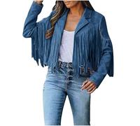 Women's Faux Suede Fringe Jacket, Classic Tassel Trimmed Short Length Leather Look Coat for Autumn and Winter
