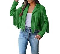 Women's Faux Suede Fringe Jacket, Classic Tassel Trimmed Short Length Leather Look Coat for Autumn and Winter