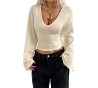 Womens Fitted Crop Top Deep V Neck Bell Sleeve Textured Shirt (Apricot,TP)