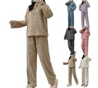 Womens Fleece Pyjamas Sets Fluffy Soft Warm Cosy 2 Pieces Pjs Sets Quarter Zip Pullover And Wide Leg Pants Set Comfy Thick Plush Flannel Co Ord Set Ladies Loungewear Nightwear (Kahki,Taille unique)
