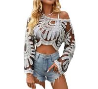 Women's Floral Embroidered Semi-Sheer Cover Up Beach Coverup Mesh Design Long Sleeve Round Neck Boho Lace Top for Women (Black and White,Taille Unique)
