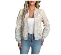 Womens Floral Jacquard Bomber Jacket Zip Up Relaxed Fit Outerwear (apricot,TG)